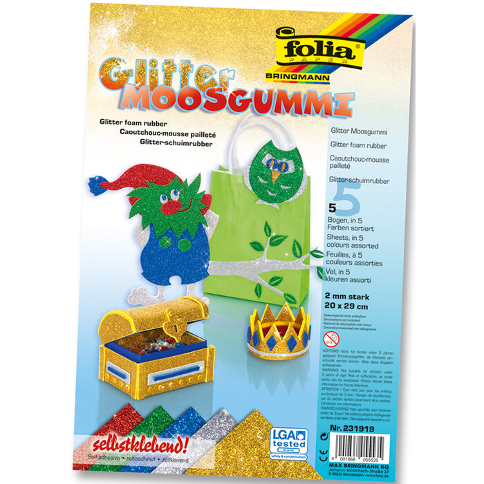 FOLIA Glitter-Moosgummi selbstklebend 5 Blatt sortiert