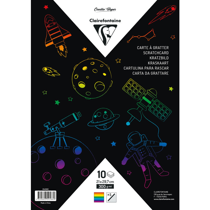 CLAIREFONTAINE Kratzbögen A4 10 Blatt inkl. 5 Holzstäbchen bunt