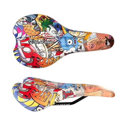 Riesel Design Fahrradsattel, Cartoon-Comic-Stil, Buntes Graffiti-Kunstmotiv, Sportlicher Radsitz (Stickerbomb)