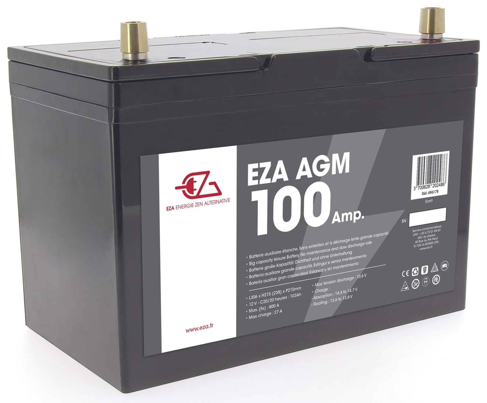Batterie AGM 100 Ah Pour Services Camping Car Et Photovoltaïque EZA
