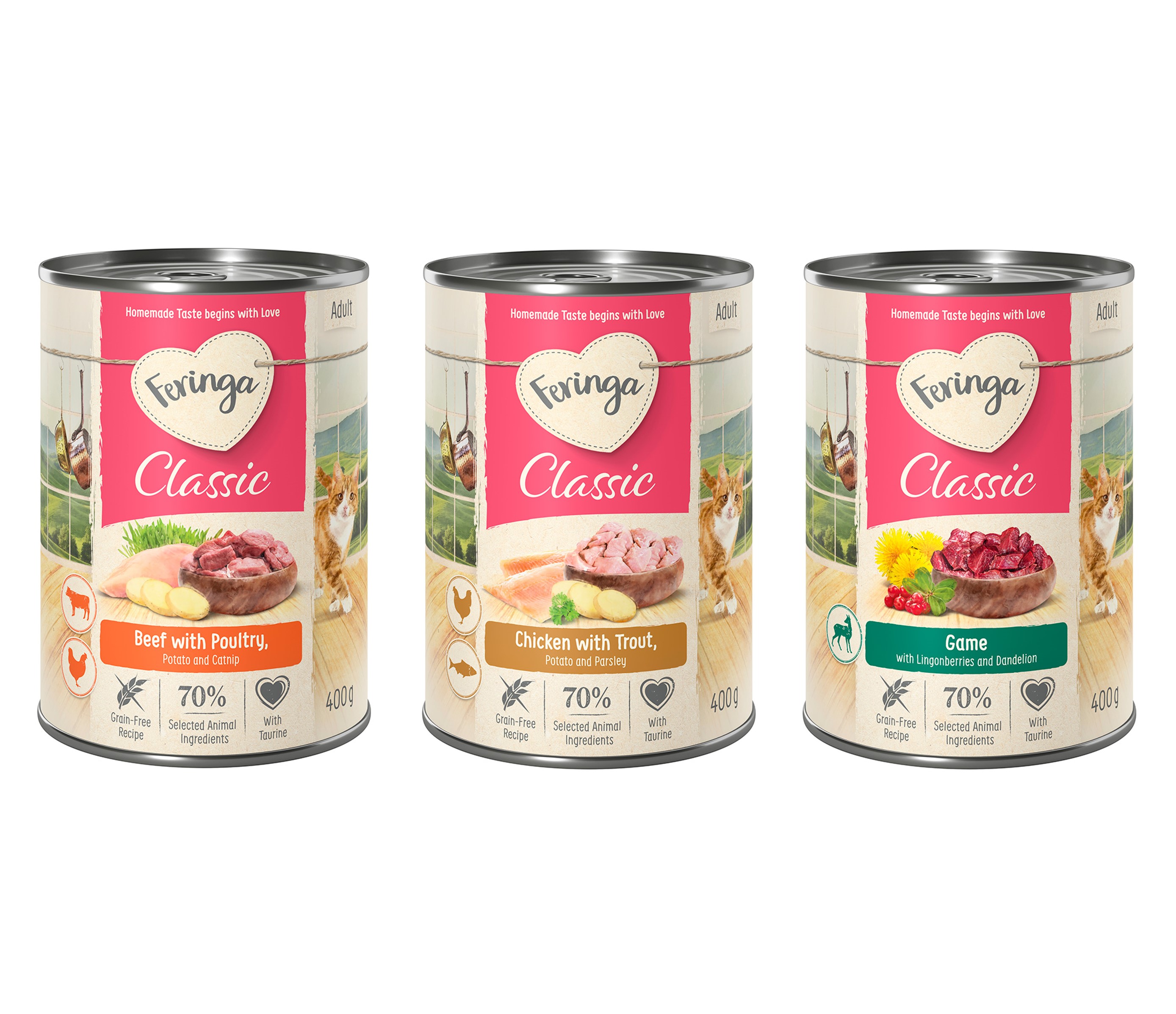 6 x 400g lajitelma riista, nauta & siipikarja, kana & taimen Classic Meat Feringa