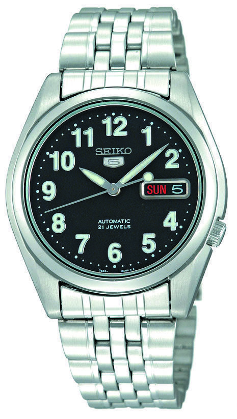 Seiko 5 Automatik schwarzes Zifferblatt silber Edelstahlarmband Herrenuhr SNK...