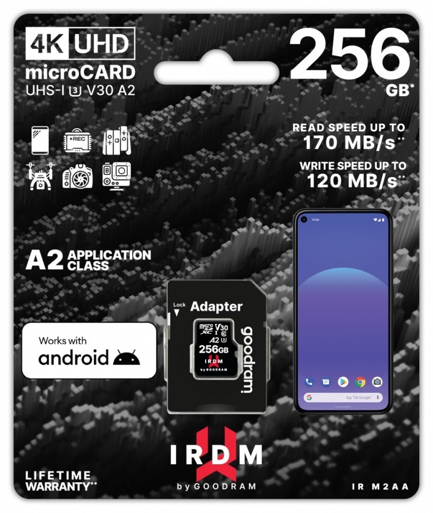 5908267961353 Memory card microSD IRDM 256GB UHS-I U3 A2 + adapter GOODRAM