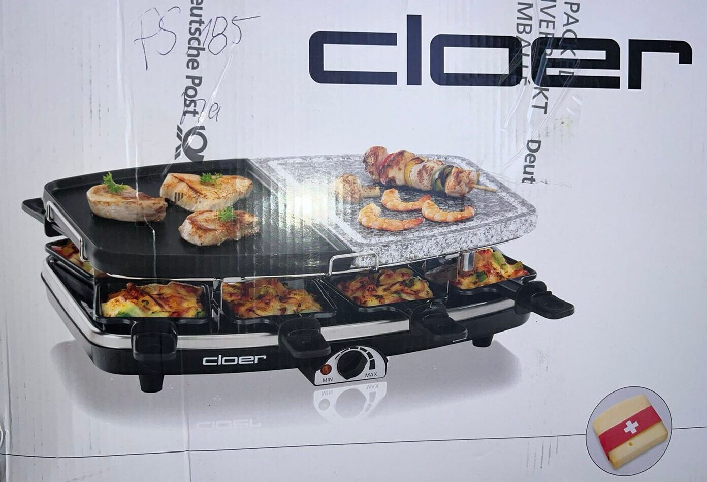 Cloer 6435 Raclettegrill Naturstein Grillplatte 8 Pfännchen 1200W Schwarz NEU