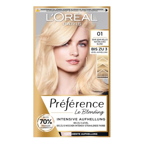 L'Oréal Paris Permanente Haarfarbe Zum Blondieren Der Haare, Haarfärbeset Mit Coloration Und Farbglanz-Pflegebalsam, Préférence Le Blonding, 01 Sehr H