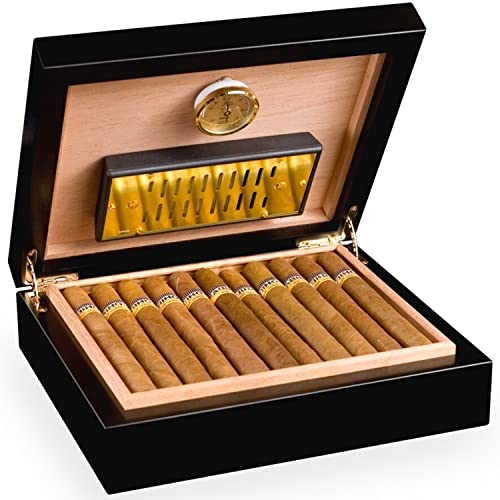 Adorini Torino Humidor - Deluxe En Noir | Hygromètre Cheveux De Haute Précision Pour Le Stockage De 30 Cigares | Boîte À Cigares Pour Réguler L'Humidi