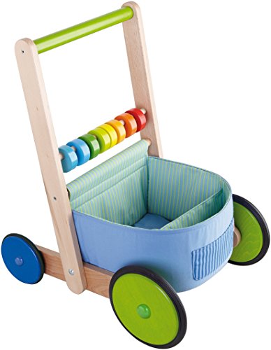 Haba 6432 - Lauflernwagen Farbenspaß, Lauflernhilfe Aus Holz Und Textil Mit Bunten Spielelementen, Transportfach Für Spielsachen, Bremse Und Gummiräde