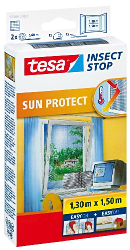 Tesa Insect Stop Sun Protect Fliegengitter Fenster - Insektenschutz Mit Blend- & Sonnenschutz - Fliegen Netz Ohne Bohren - Anthrazit, 130 Cm X 150 Cm