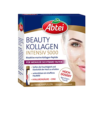 Abtei Beauty Kollagen Intensiv 5000 - Für Weniger Sichtbare Falten - Mit 5 G Kollagen-Peptiden, Hyaluronsäure, Zink Und Vitamin C - Zuckerfrei - 10 Tr