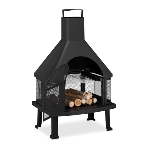 Relaxdays, Schwarz Terrassenofen Mit Grill, Feuerstelle Mit Funkenschutz, Schürhaken, Massiv, Stahl, 110 X 63 X 51 Cm 10026555