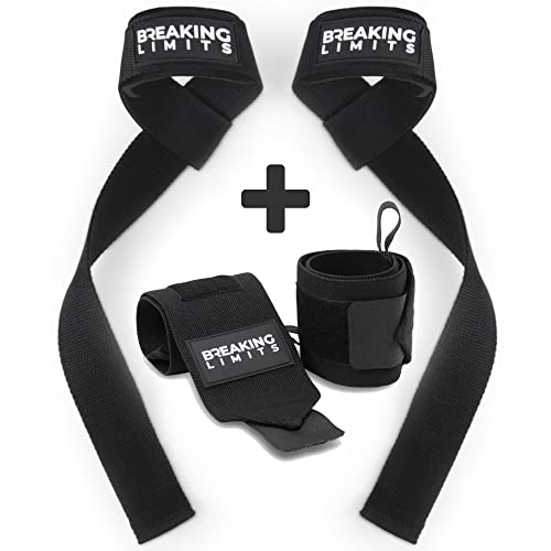 Breaking Limits Set Aus Lifting Straps & Wrist Wraps - 2 Handgelenkbandagen, 2 Zughilfen - Krafttraining, Gewichtheben, Kraftsport, Bodybuilding, Kraf