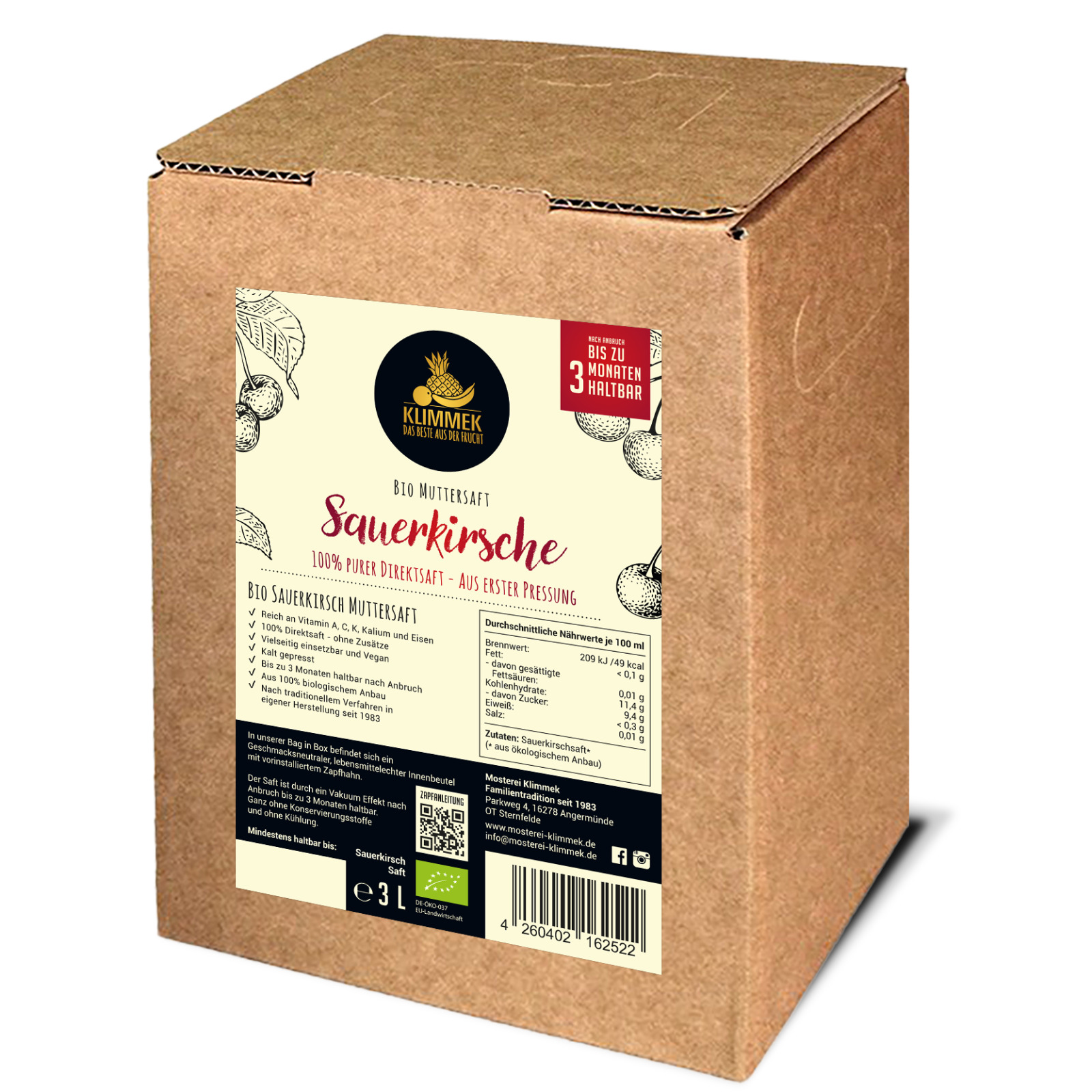 Klimmek - Bio Sauerkirschsaft - Muttersaft - 3 L Bag In Box