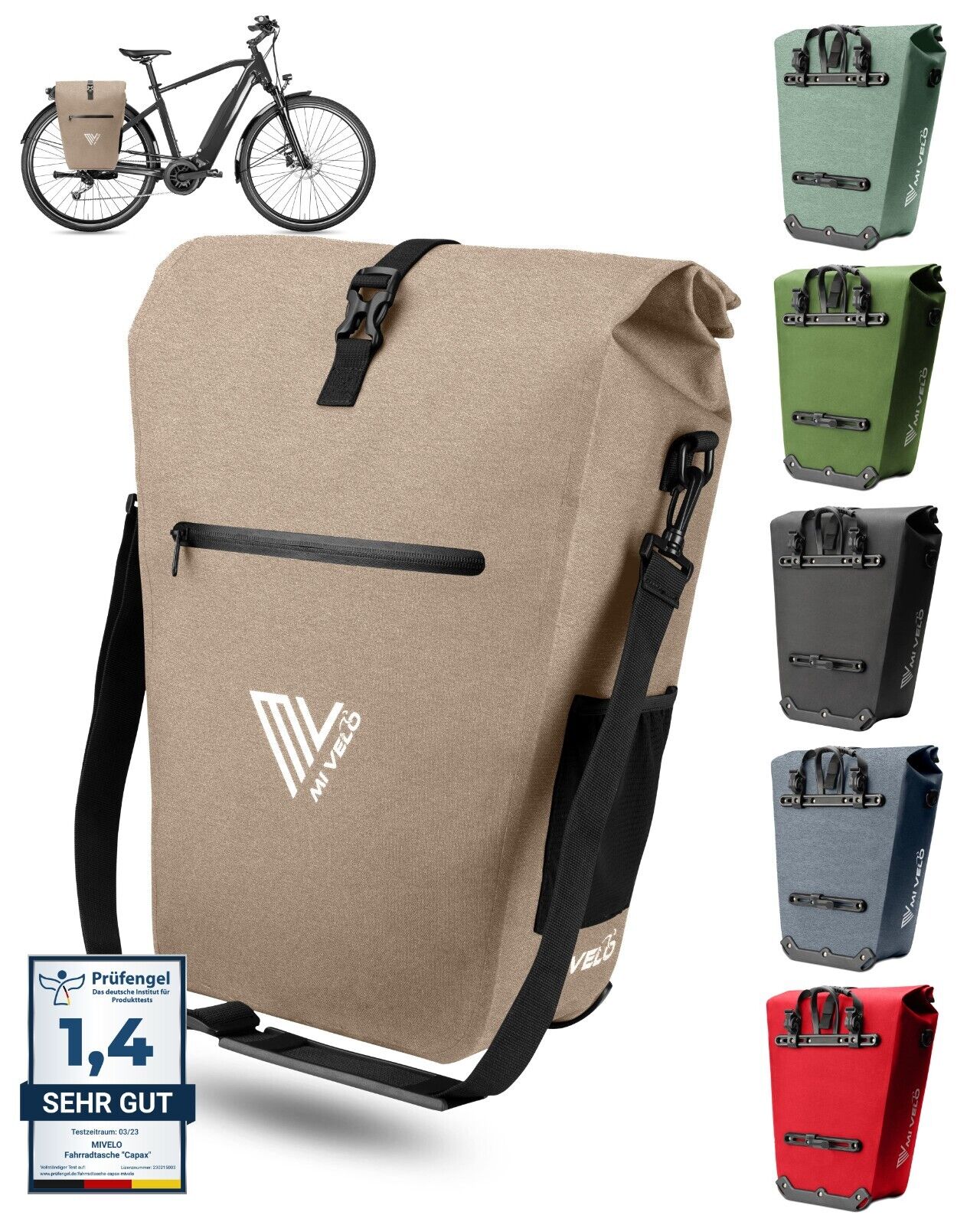 Mivelo Fahrradtasche Gepäckträgertasche 100% Pvc Frei Wasserdicht Sand-Beige