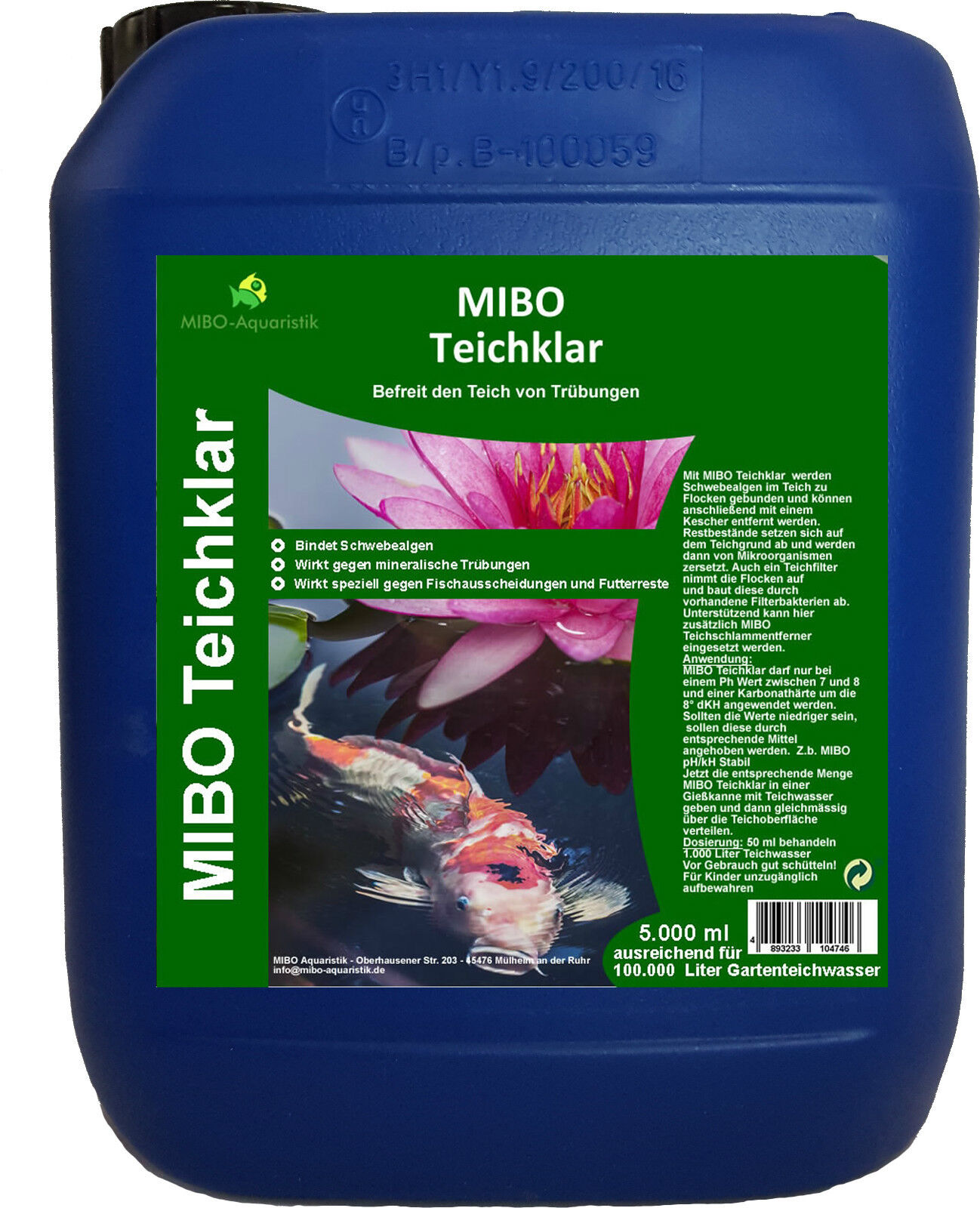 (5,30€/L)Mibo Teichklar 5 Liter Teichklärer Gegen Trübes Und Grünes Teichwasser