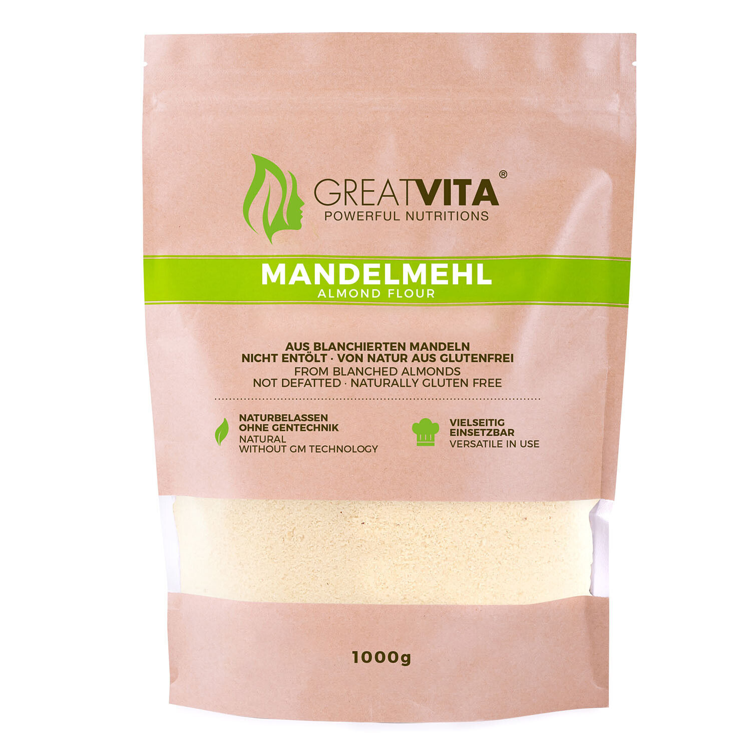 Greatvita 1Kg Mandelmehl Fein Gemahlen | Aus Blanchierten Mandeln, Naturbelassen