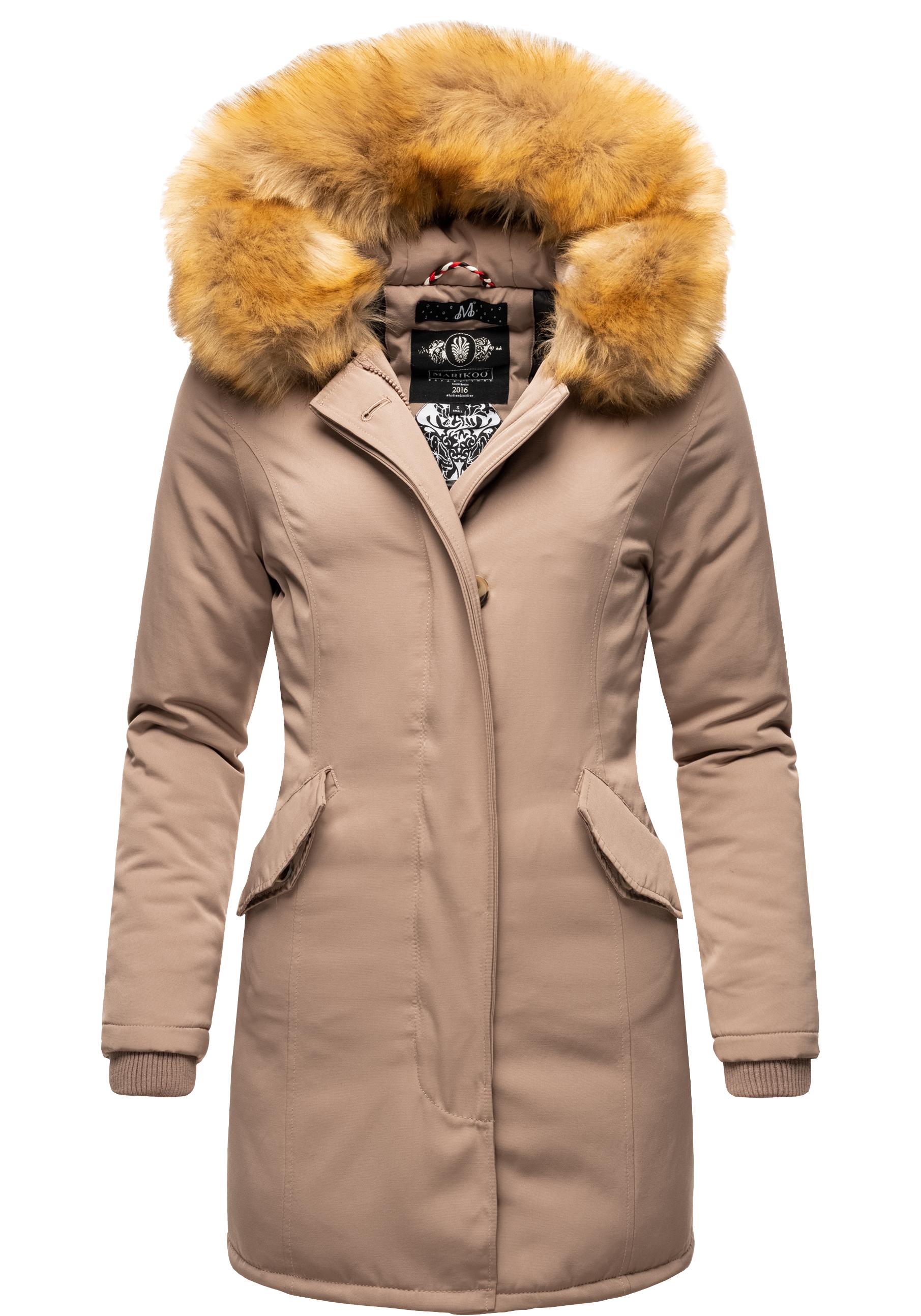 Wintermantel MARIKOO "Karmaa" Gr. L (40), grau (taupe) Damen Mäntel Wintermäntel edler Parka m. Kunstfellkapuze