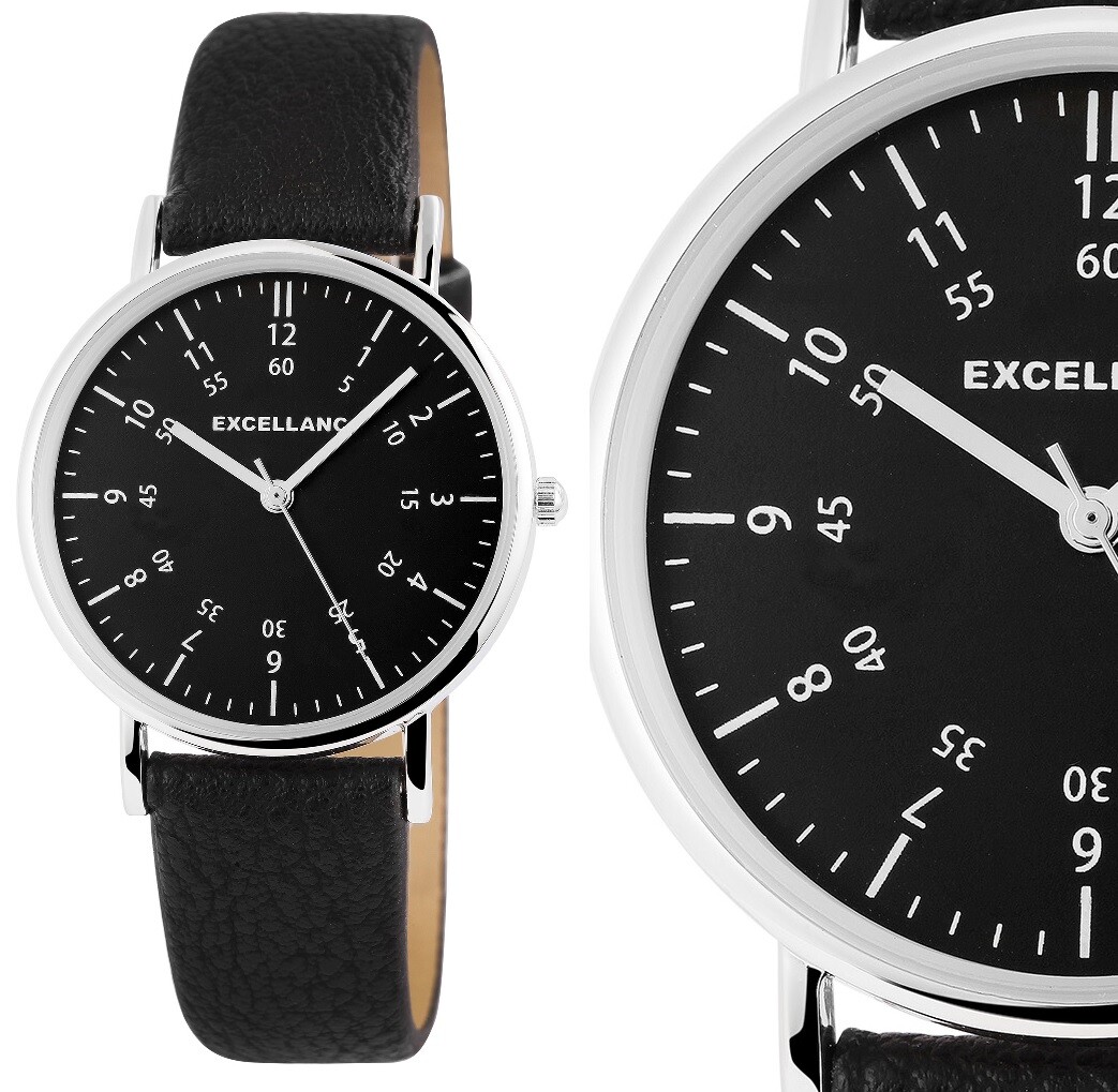 modern schlicht Damenuhr Armbanduhr Silber Schwarz Kunstleder 1900211 Excellanc