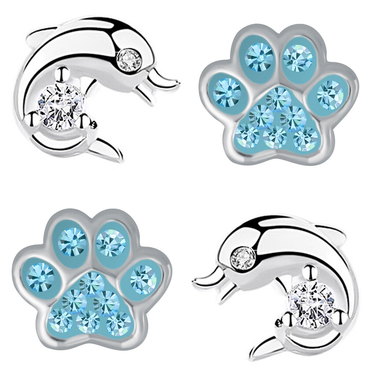 2x Ohrstecker K731+K619 Pfote Delfin ECHT Silber 925 Ohrringe für Mädchen Kinder
