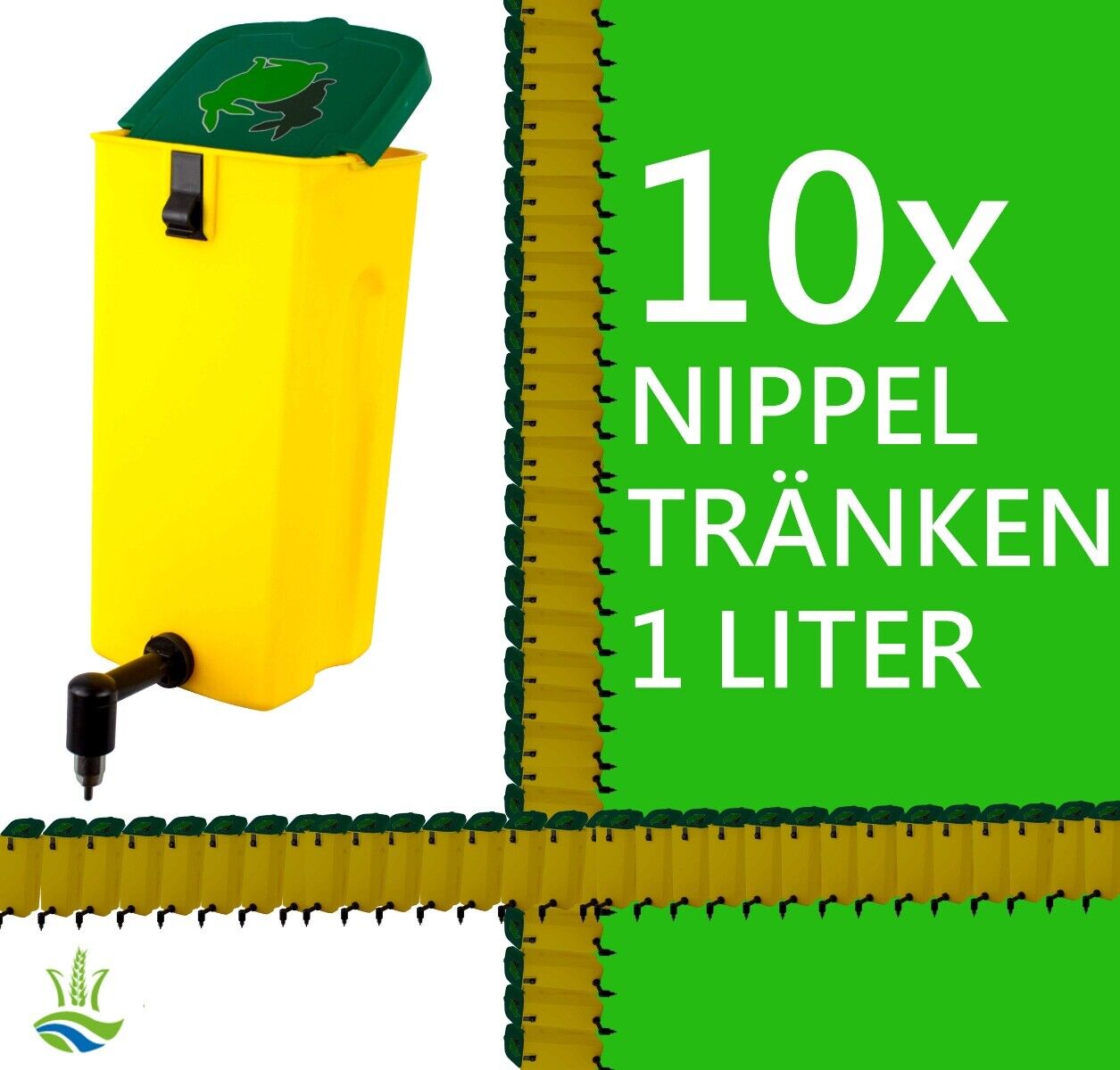 10x Kaninchen Nippeltränke mit Aufhängeclip und Drahthalter 1,0 Liter - Gelb