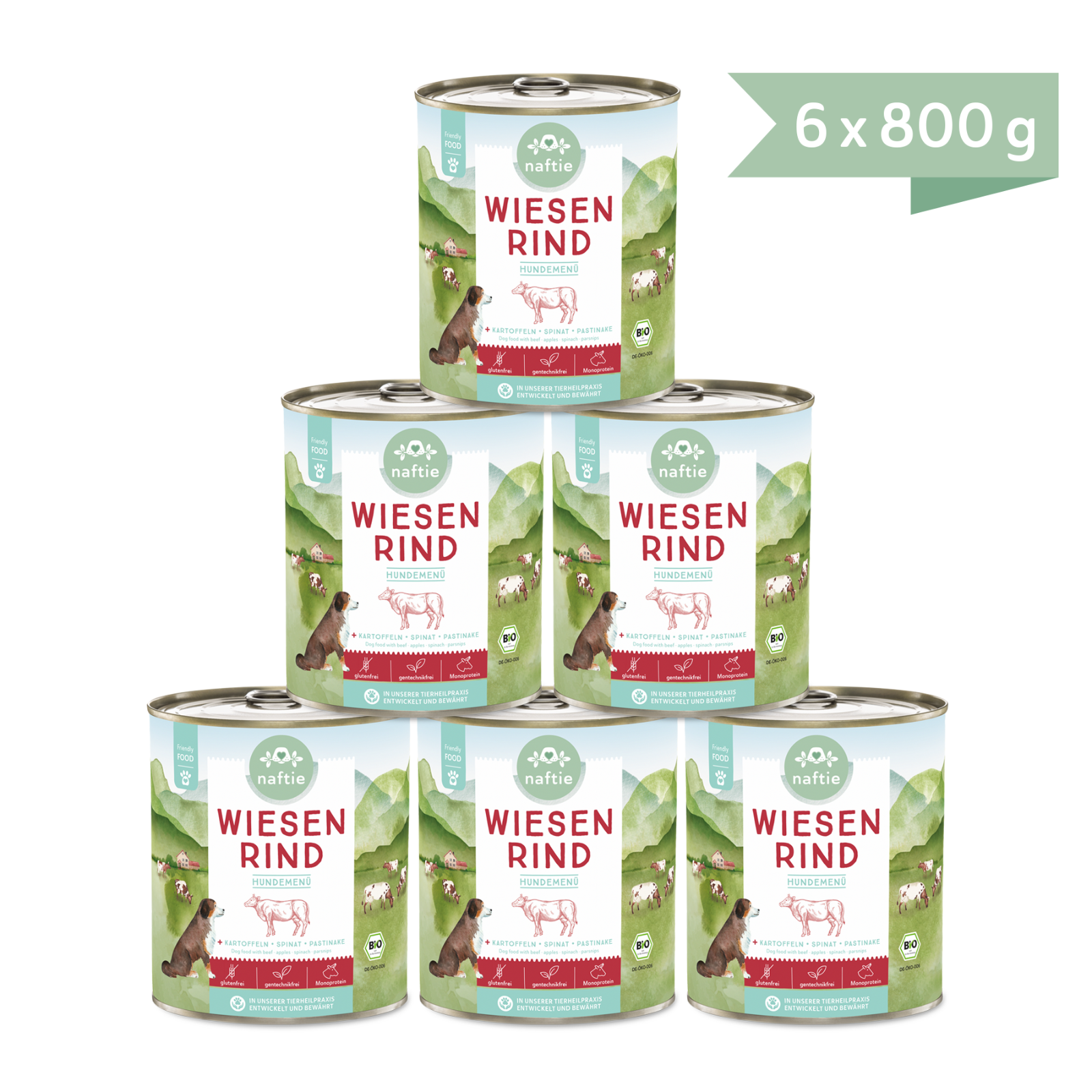 naftie Bio Wiesen Rind+ Hundefutter Nassfutter Menü, 6x800g