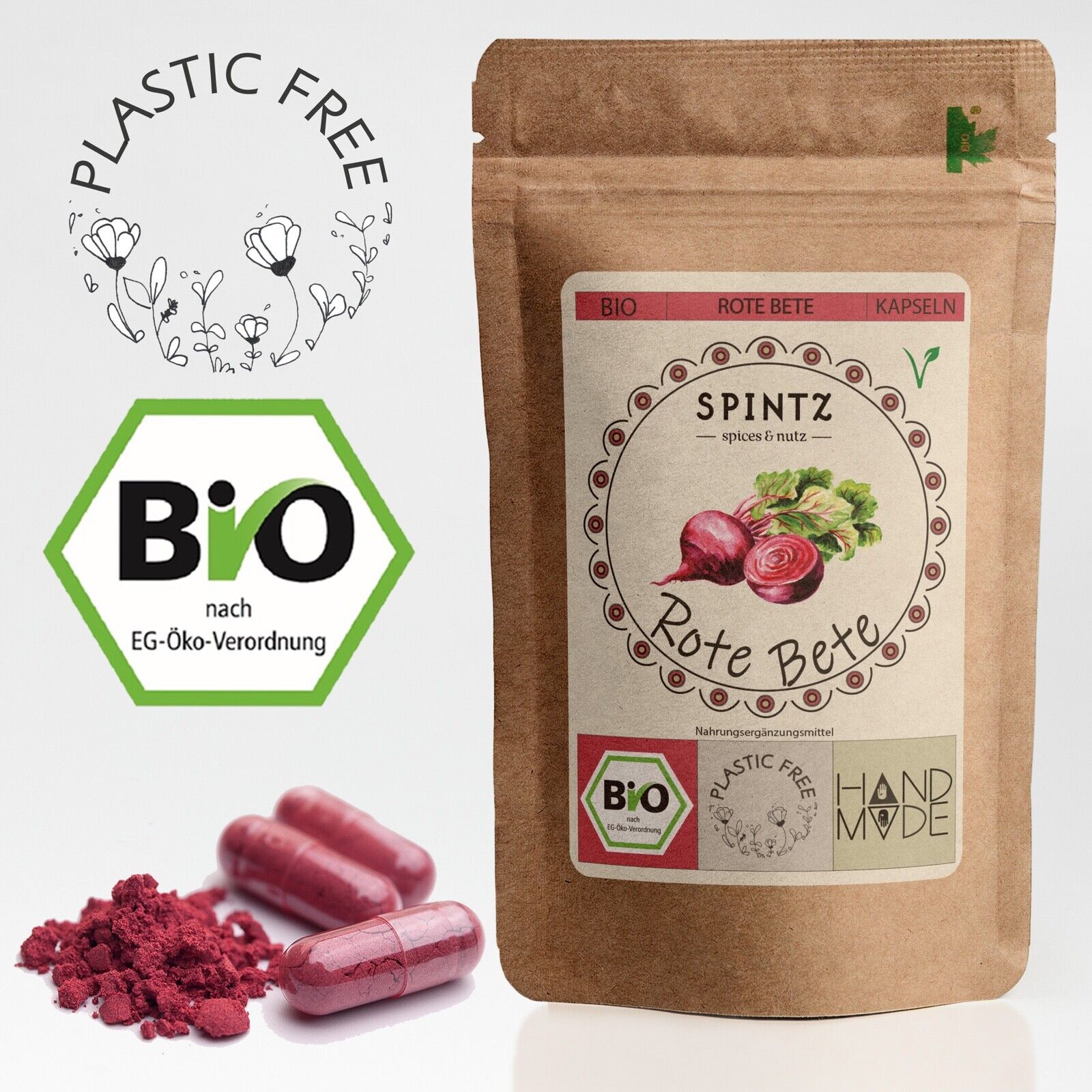 360stk. Bio Rote Bete Kapseln - 720mg vegan gemahlene Beete Pulver | plastikfrei