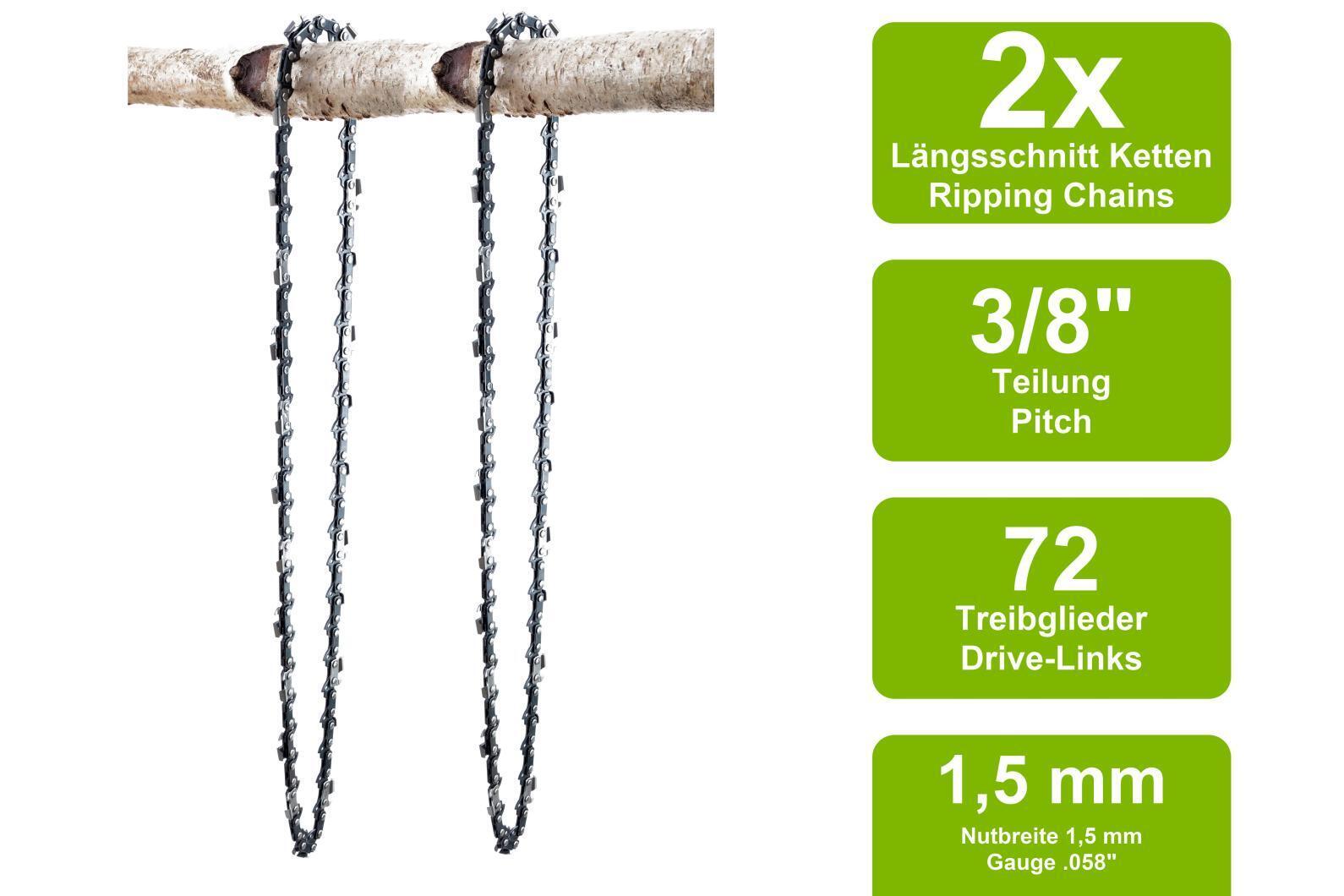 2 Längsschnitt Sägeketten passend für Husqvarna 185 | 50cm 3/8 72TG 1,5mm