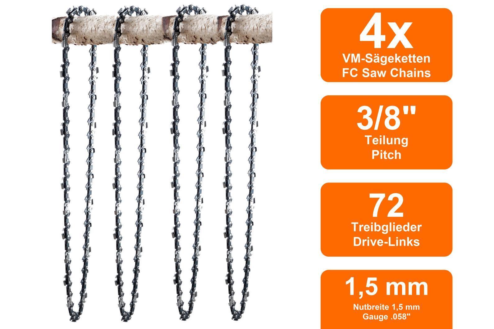 4 Sägeketten VM passend für Poulan 475 | 50cm 3/8 72TG 1,5mm