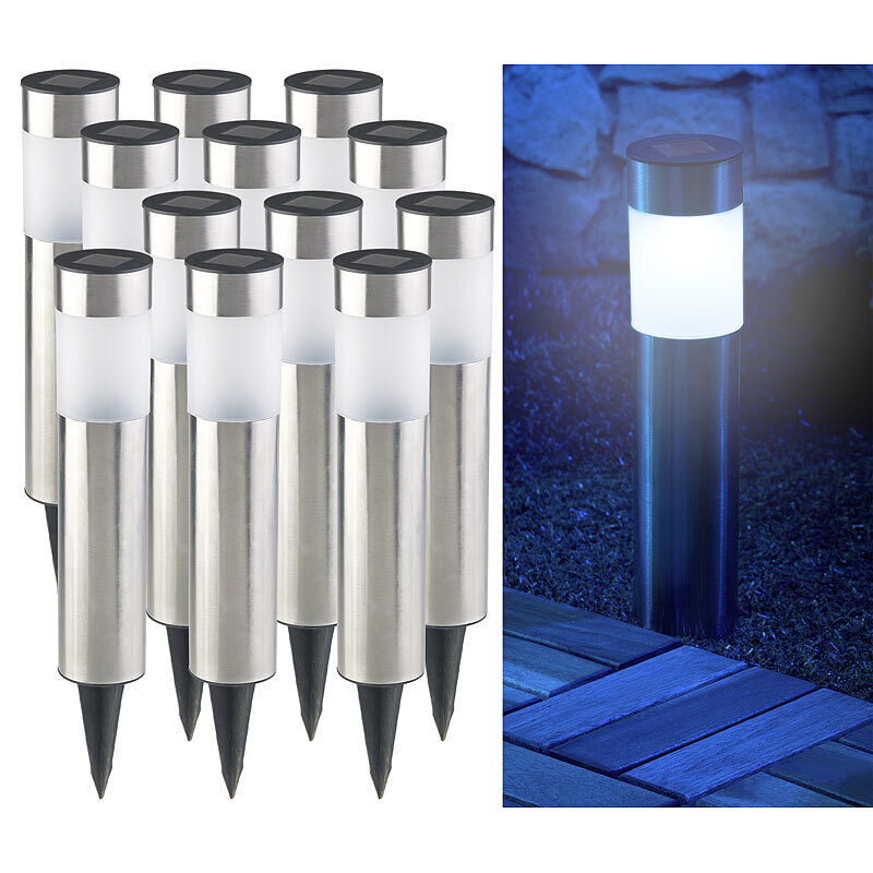 Lunartec 12er-Set elegante Edelstahl-Solar-LED-Wegeleuchten, mit Lichtsensor