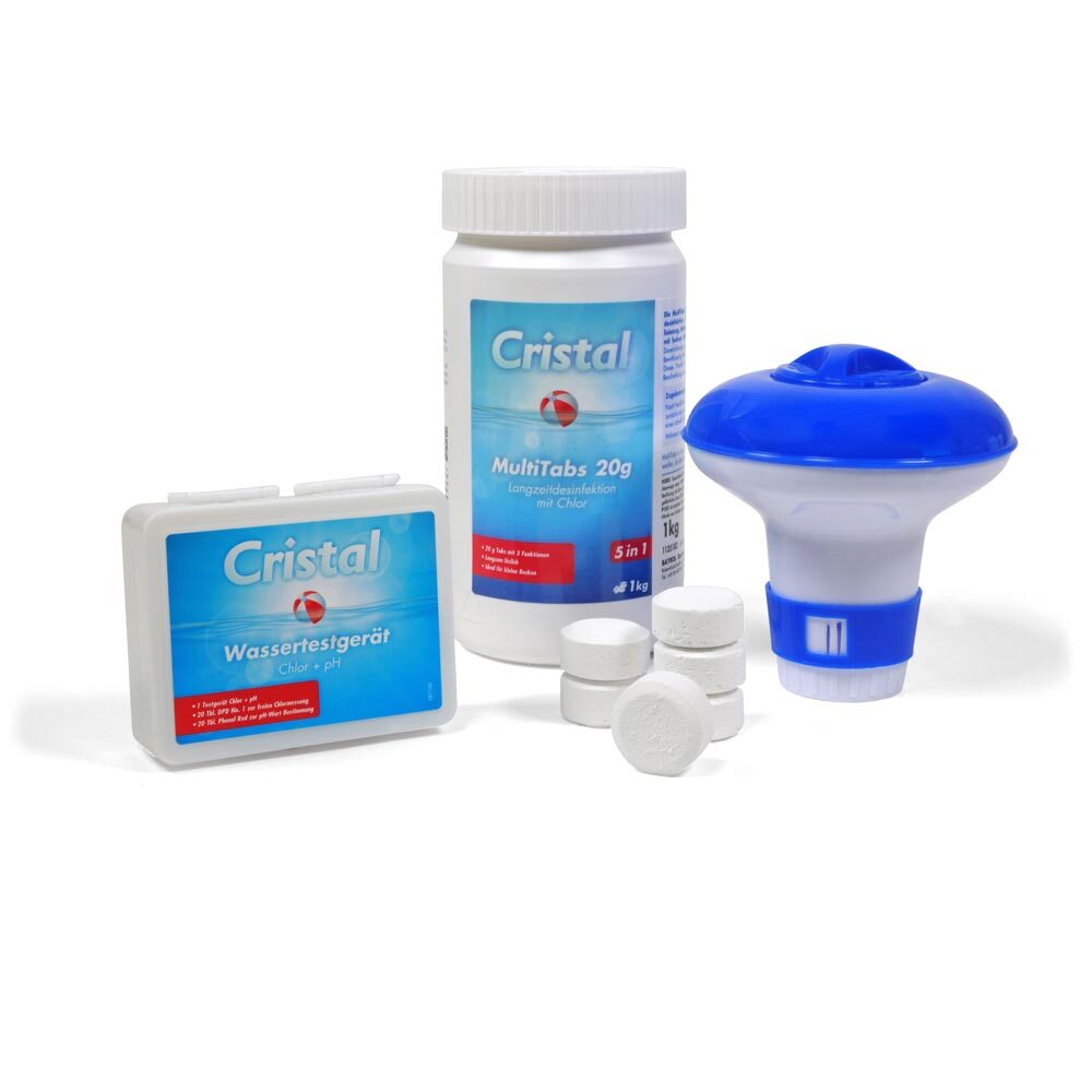 MultiTabs Chlor 5 in 1 (20 g), Chlordosierer + Wassertester von Cristal für Pool