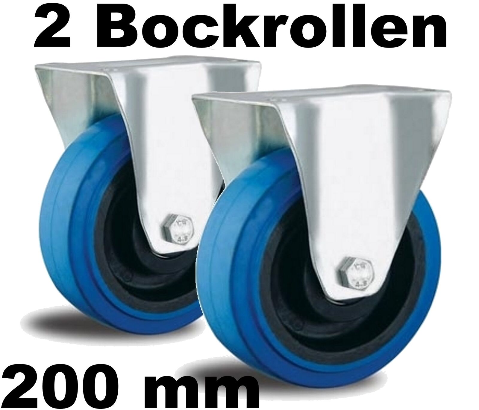2 x Bockrollen 200mm schwer-last bis 200 kg Kunststoff leise schonend blue wheel