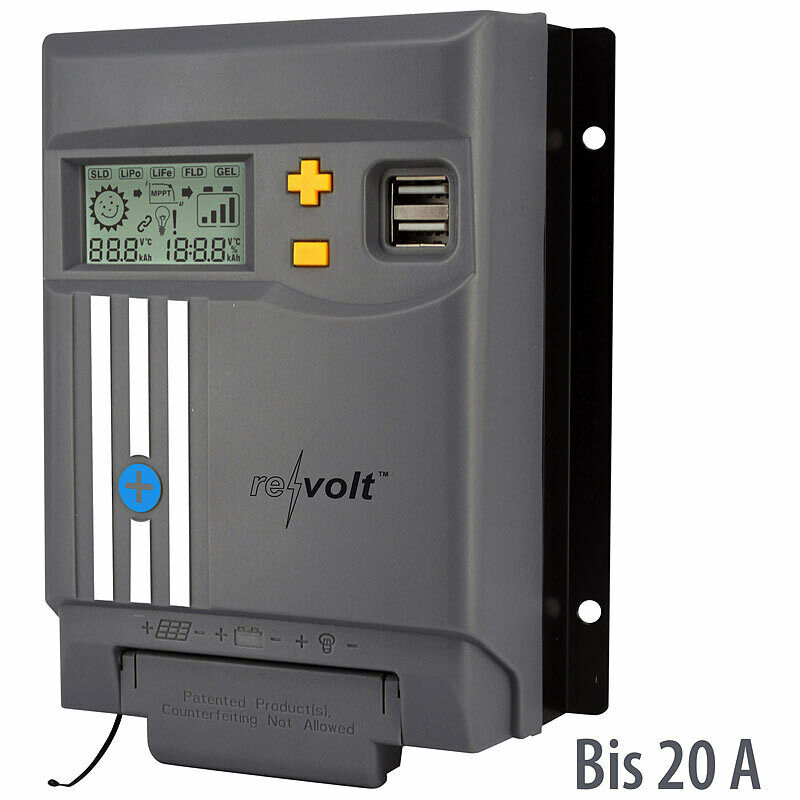 revolt MPPT-Solarladeregler für 12/24-V-Batterie, mit 20 A, Display, USB-Port