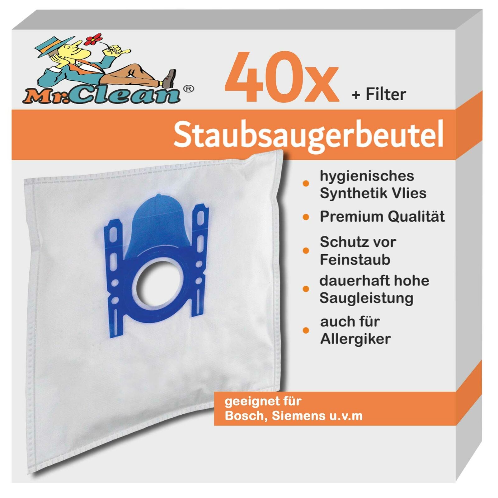 40 Mr.Clean Staubsaugerbeutel geeig. Siemens VSQ5X1230 Q5.0 extreme SilencePower