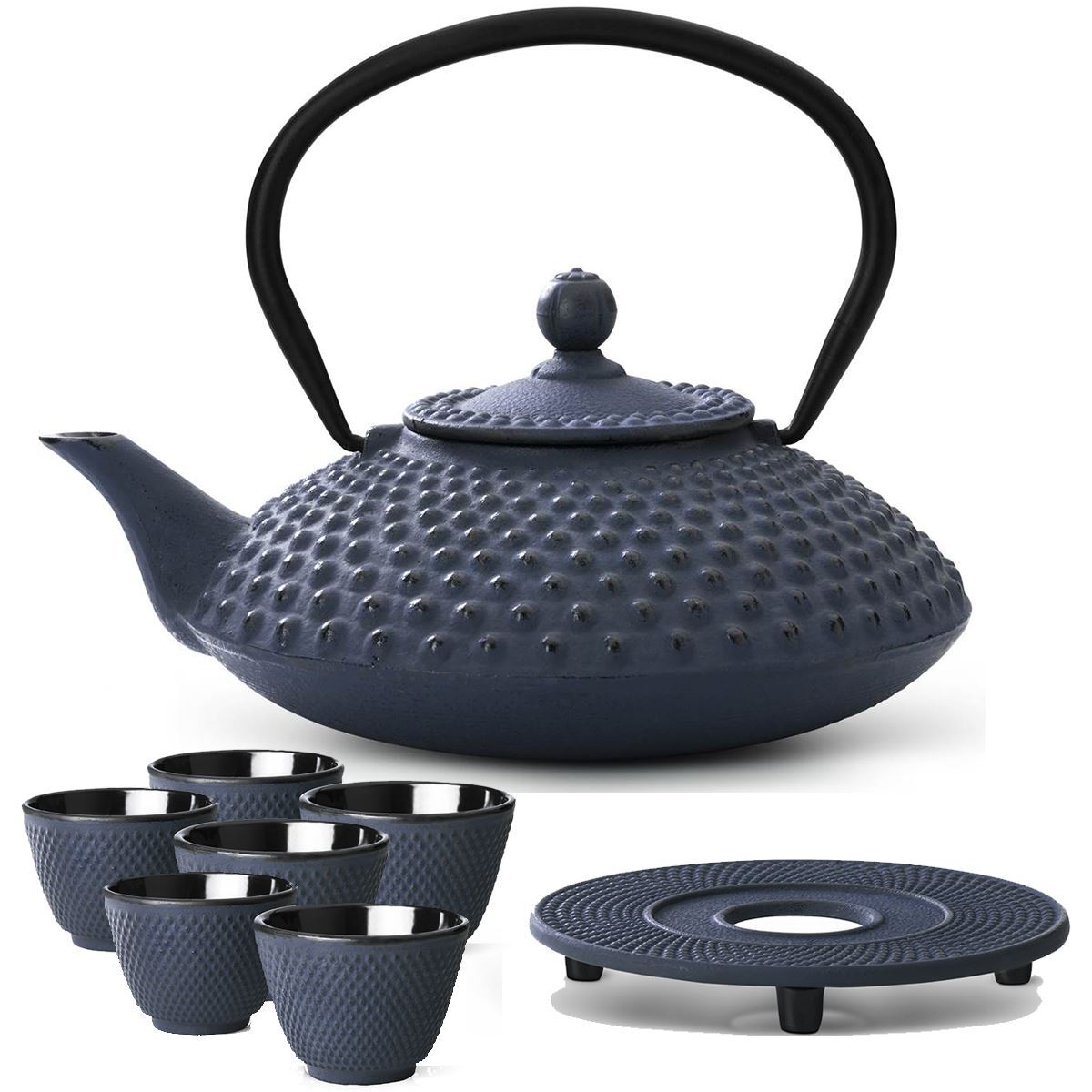 Teekanne Set 1.25L blau Asia Gusskanne 6 Becher Untersetzer Teeservice Gusseisen