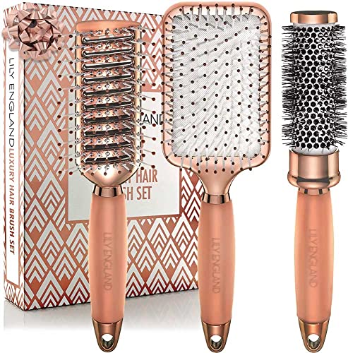 Haarbürsten Set 3 Tlg. - Rundbürste, Skelettbürste, Paddle Brush - Haarbürste Ohne Ziepen - Ergonomischer Griff - Entwirrbürste - Detangler Bürste - F