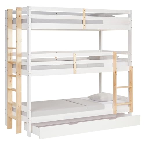 Homestyle4U 2589, Kinderbett Etagenbett 90X200 Cm Dreifachbett Hochbett Mit Bettkasten Stauraum Weiß Holz Natur