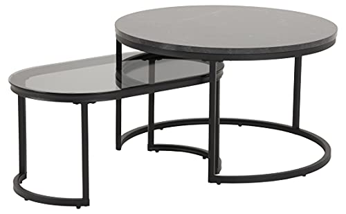 Ac Design Furniture Spencer Couchtisch 2Er-Set Für Wohnzimmer, Glas Marmoroptik, Tisch Mit Metallgestell, Kaffetisch, Wohnzimmerset, Satztisch Rund, 1