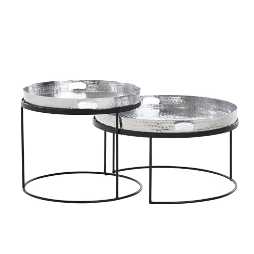 Finebuy Couchtisch 2Er Set Metall Hammerschlag Satztisch Rund, Sofatisch Abnehmbares Tablett, Tabletttisch Sofa 2 Teilig Modern, Runder Beistelltisch