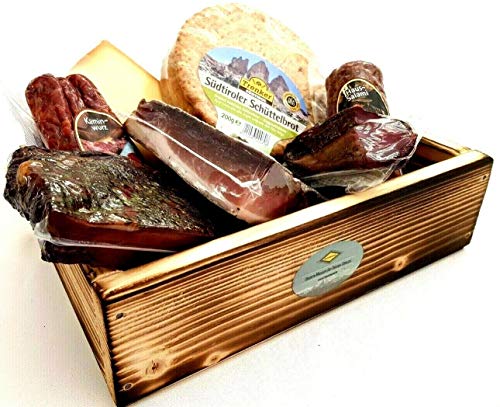 Bavaregola Südtirol Geschenkekiste Mit 7 Südtiroler Spezialitäten - Präsentkorb Gefüllt Mit Speck, Käse, Salami - Genuss Geschenk Für Männer & Frauen