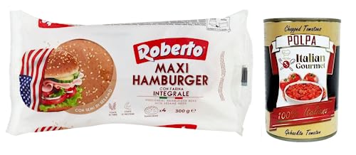 Roberto Maxi Hamburger Integrale Brot Mit Vollkornmehl Und Sesamkörnern,Packung Mit 300G, Jede Packung Enthält 4 Hamburger Buns + Italian Gourmet Polp