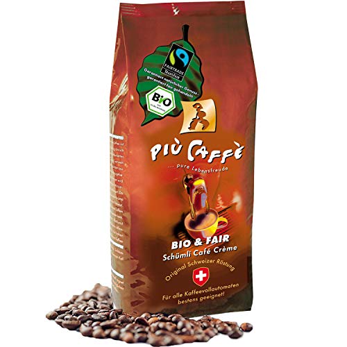 Più Caffè Schümli Bio & Fair Café Crème Kaffeebohnen, 750G; Fruchtig-Würzig; 100 % Arabica Bohnen, Biologischer Anbau, Fair Gehandelt; Schweizer Tromm
