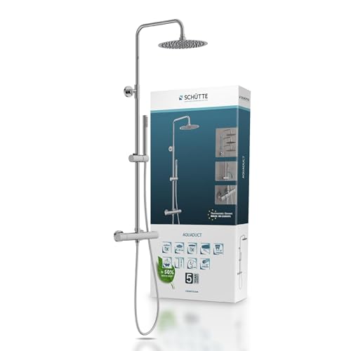 Schütte Aquaduct 60044 Duschsystem Mit Thermostat, Duschset Mit Großer Regendusche (Ø 25 Cm) Und Verstellbarer Handbrause, Brauseset Mit Duschstange,