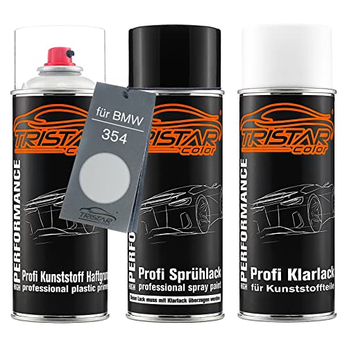 Tristarcolor Autolack Spraydosen Set Für Kunststoff Stoßstange Für Bmw 354 Titansilber Metallic/Titanium Silver Metallic Haftgrund Basislack Klarlack