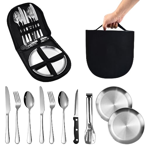 Reforung 10-Teiliges Camping Teller Besteck Set Picknick-Set Edelstahl Portable Camping Besteck Outdoor Camping Cutlery Set 2 Personen Campingbesteck 