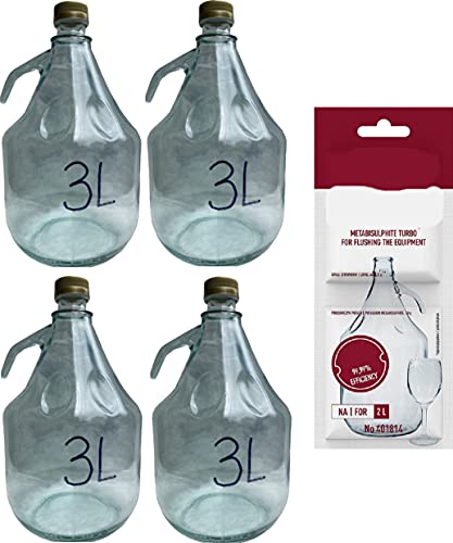 Lilawelt24 4 X 3L Flasche Mit Schraubverschluß + Schwefelpulver Glasballon Weinballon Gärballon Glasflasche Flasche Gallone Leere Glasflasche Zum Befü