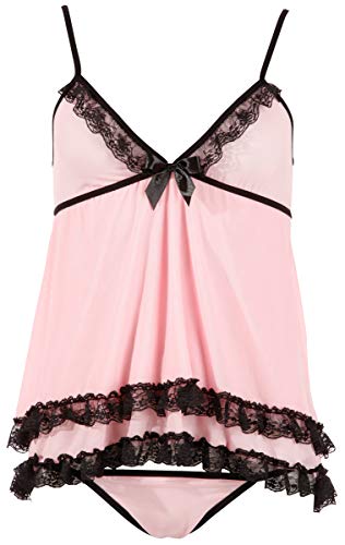 Cottelli Collection Lingerie Babydoll - Verführerisches Babydoll Und String Für Sie, Minikleid Mit Spitzen-Details Zur Verführung Des Partners, Rosa
