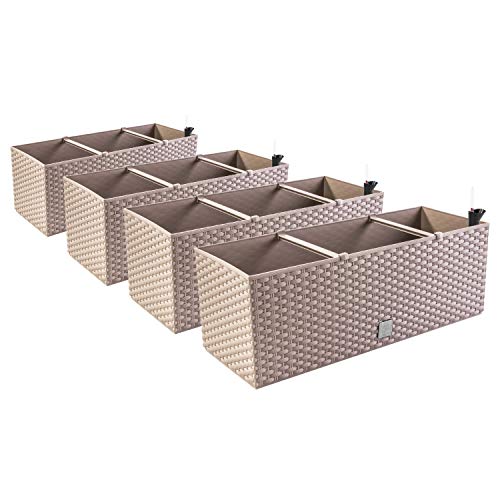 Pafen 4In1 Set 4X Balkonkasten Blumenkasten Rattan-Optik 4 Farben Pflanztopf Wasserstandsanzeiger (Mocca)