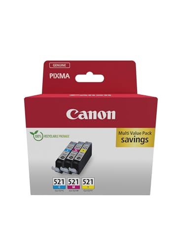 Canon Cli-521 C M Y Vorteilspack 3 Tintenpatronen (Cyan, Magenta, Gelb) Original [Umweltfreundliche Recycle-Kartonverpackung 2024]