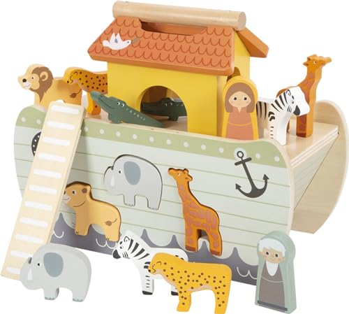 Small Foot Steckspiel Arche Noah „Safari“, Motorikspielzeug Aus Holz Mit 15 Tierfiguren, Für Kinder Ab 12 Monaten, 12456