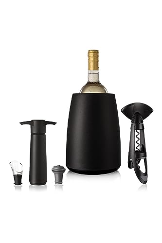 Vacuvin Wine Set Elegant - Secchiello Per Vino Nero + Twister + Anti-Goccia + Pompa Nera + Tappo Grigio