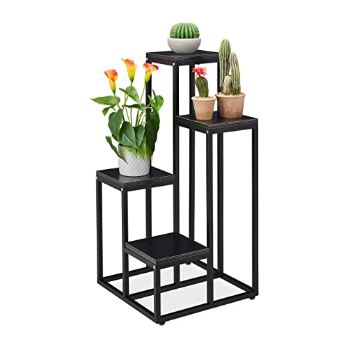 Relaxdays Blumentreppe, 4 Ablagen, Hxbxt: 80 X 40 X 40 Cm, Platzsparend, Stahl Und Mdf, Design Blumenetagere, Schwarz
